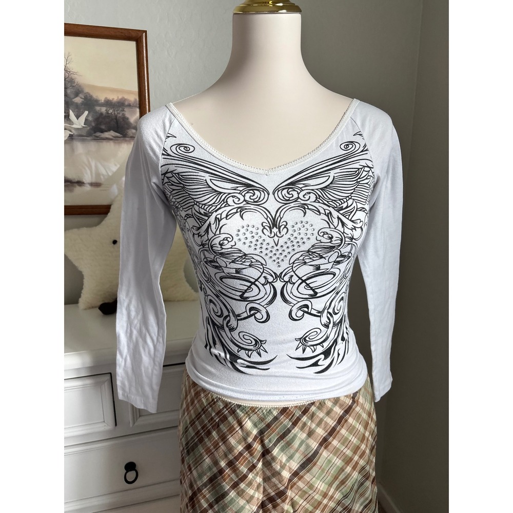 Y2K Graphic Tee Winged Heart Rhinestone Lace Trim Long Sleeve Cyber Grunge Top